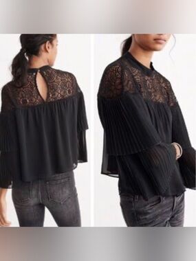 Abercrombie & Fitch Black Lace Pleated Bell Sleeve Chiffon Blouse